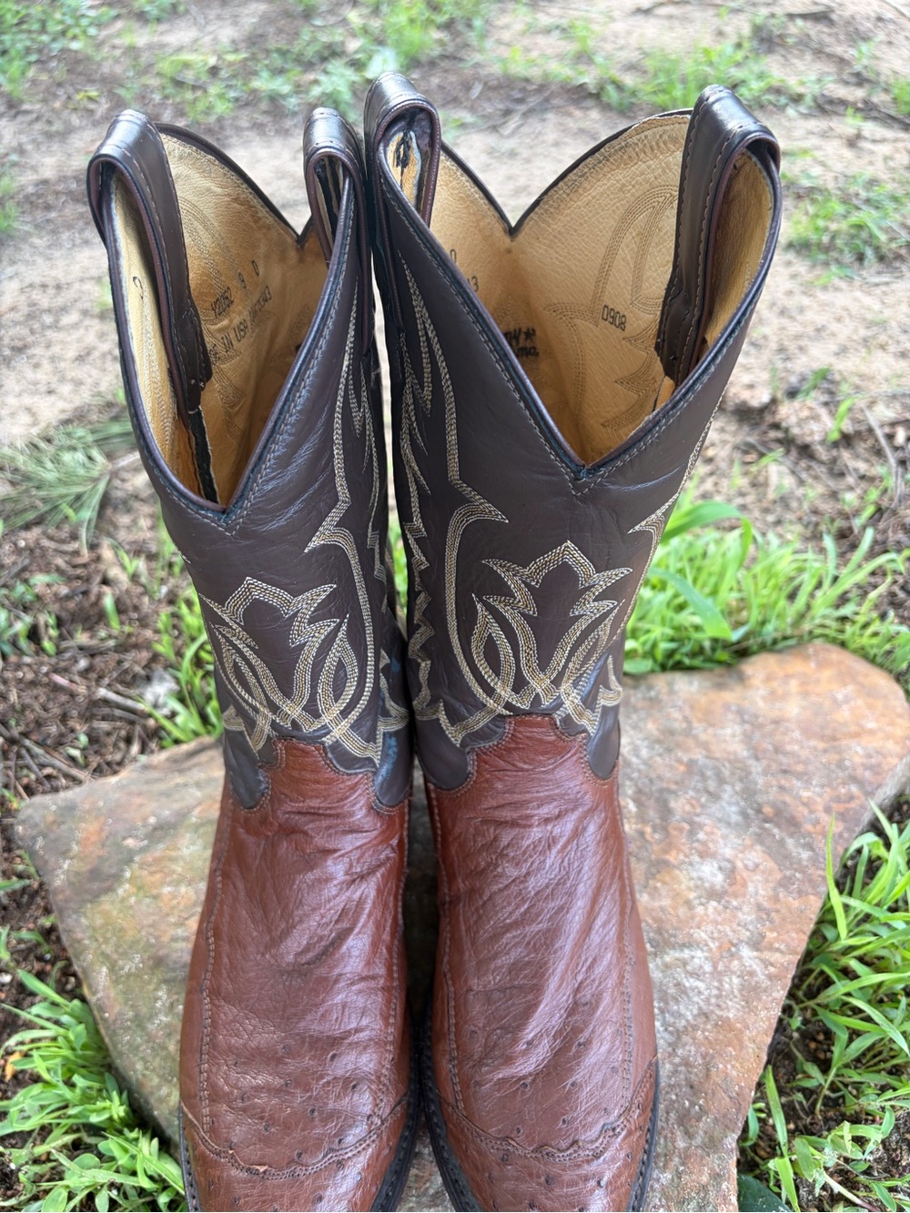 Tony Lama Two-Tone Ostrich Leather Cowboy Boots - Picture 2 of 6